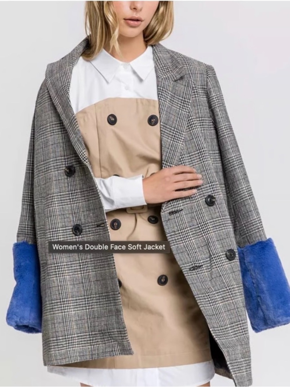 English Factory Plaid Double-Breasted Blazer with Blue Faux-Fur Cuffs